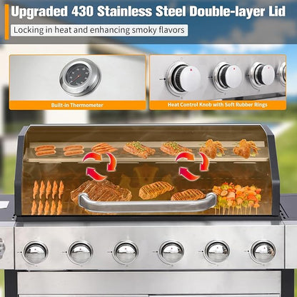 CIG GARDEN 6 Burner Propane Gas Grill With Side Burner,3 in 1 Gas BBQ Grill,73000 BTU Outdoor Barbecue Propane Griddle Grill Combo for Camping, Patio, Backyard