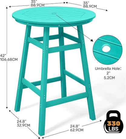 Costaelm Patio Bistro Table, 42" Counter Height Round Patio Cocktail Bar Table with Umbrella Hole, Outdoor Bistro Dining Pub Table for Front Porch Deck Backyard Garden, Turquoise