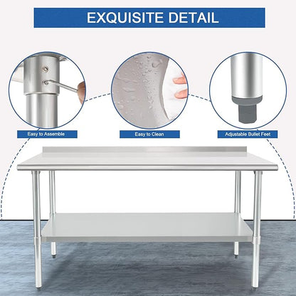 HARDURA Stainless Steel Table Prep & Work Table 24 x 72 Inches NSF Heavy Duty Commercial with Undershelf and Backsplash for Restaurant Kitchen Home and Hotel