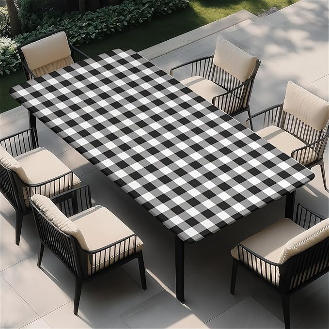Rectangle Table Cloth Cover Waterproof Elastic Fitted Polyester Fitted Tablecloths for 6 Foot Tables for Indoor,Picnic, Camping, Outdoor （72" x 30"，Black Grid）