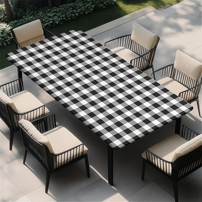 Rectangle Table Cloth Cover Waterproof Elastic Fitted Polyester Fitted Tablecloths for 6 Foot Tables for Indoor,Picnic, Camping, Outdoor （72" x 30"，Black Grid）