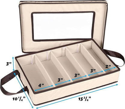 Flatware Storage Case - Durable 5 Compartment Silverware Storage Container Box with Removable Lid and Easy to Carry Handles - Large Capacity Keeps Your Cutlery Organized & Protected - Beige
