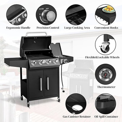 ROVSUN 4-Burner Propane Gas BBQ Grill with Side Burner & Enameled Cast Iron Grates, 58,000 BTU Barbecue Grill with Wheels for Outdoor Patio Backyard Cooking Grilling, Black