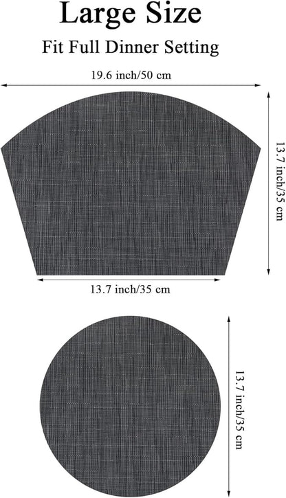 SHACOS Large Size Wedge Placemats with Centerpiece Round Mat Set of 5 Round Table Place Mats Washable Dining Table Placemats Reversible Durable, Black Gray