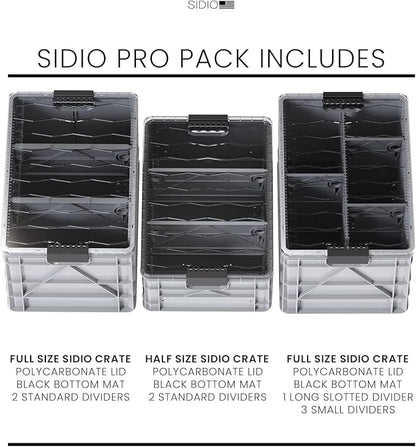 SIDIO CRATE Pro Pack - Two Full Size and One Half Size Heavy Duty Stackable Storage Bins, Totes, Containers with Lids and Dividers - Durable Organizer for Home, Office, Garage, and Outdoor Use - Gray