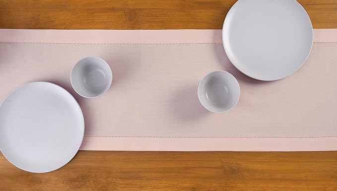 Solino Home Cotton Linen Pink Table Runner 72 Inches Long - Hemstitch Table Runner 14 x 72 Inch for Dresser, Dining, Valentines, Spring, Easter