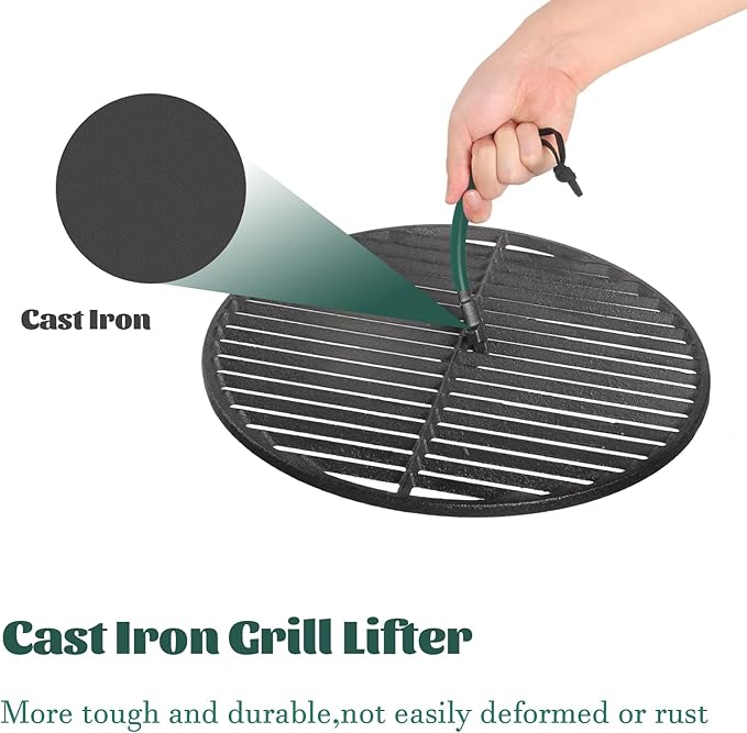 KAMaster Cast Iron Grill Grate Lifter Compatible with Big Green Egg,Primo Vision Louisiana Grills Kamado Grill Accessories Grate Lifters with Green Protective Cover for Moving Hot Grate