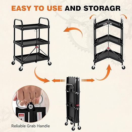DUMOS 3-Tier Foldable Utility Cart Set of 2, Collapsible Service Cart with 4 Swivel Wheels & Brakes, 120LBS Capacity & Collapsible Storage Rolling Cart for Kitchen, Office, Garden, Garage, Black