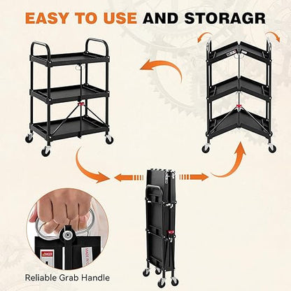 DUMOS 3-Tier Foldable Utility Cart Set of 2, Collapsible Service Cart with 4 Swivel Wheels & Brakes, 120LBS Capacity & Collapsible Storage Rolling Cart for Kitchen, Office, Garden, Garage, Black