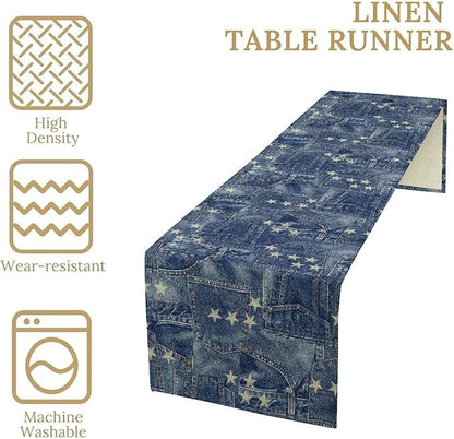 Patchwork Table Runner, Vintage Romance Jeans Pentagram Splicing Print Table Runner for Kitchen Dining Picnic Coffee Home 13x108in