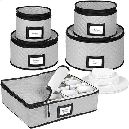 China Storage Containers 5-Piece Set Moving Boxes for Dinnerware, Glasses, Plates, Mugs and Saucers Sturdy Quilted Microfiber Dish Organizer with Dividers for Seasonal Storage - Holds Set of 12, Gray
