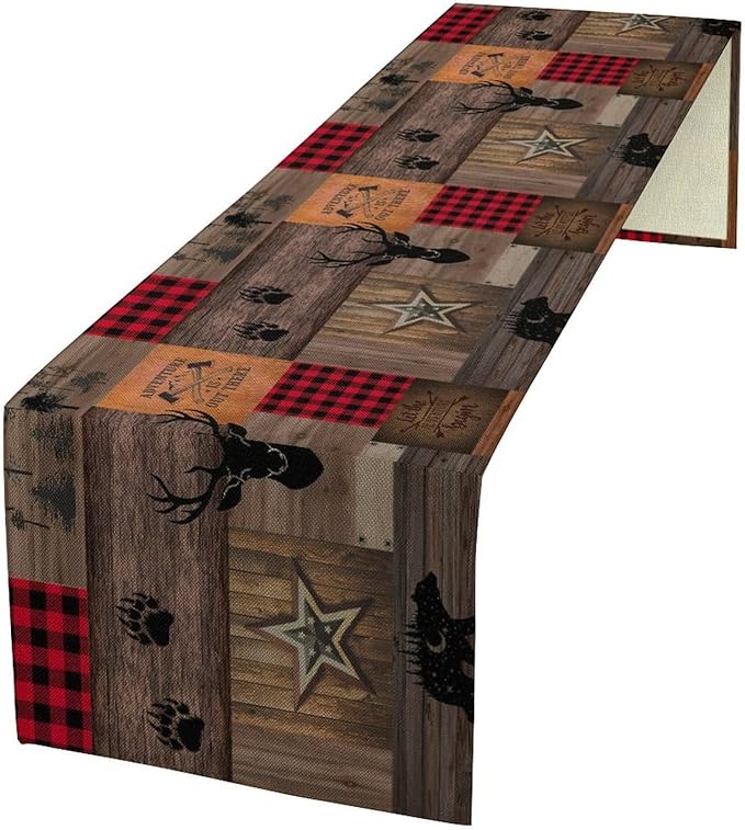 Vintage Bear Deer Table Runner, Rustic Western Farmhouse Hunting Theme Wildlife Animal Checkered Table Runner for Outdoor Dining Kitchen Camping Party 13x108in