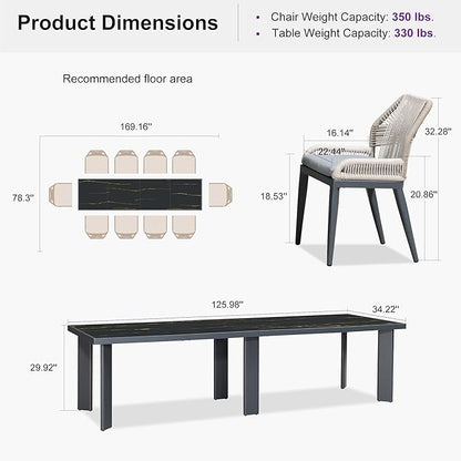 PURPLE LEAF 11 Pieces Patio Dining Set Aluminum Rectangular Table and Wicker Chairs with Cushions for Kitchen Porch Garden Modern Outdoor Furniture Sets, Dark Grey