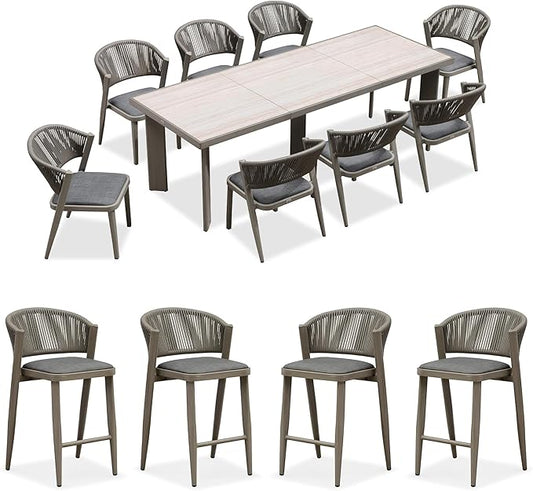PURPLE LEAF 8-Piece Patio Dining Set Outdoor Furniture Rectangular Table and Chairs Set with Aluminum Frame and Wicker Rattan for Garden Deck Backyard Kitchen Gray Outdoor Set with Counter Stools