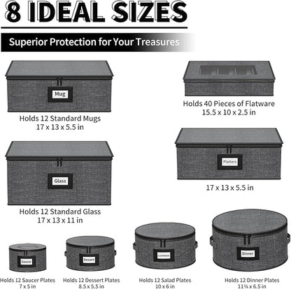 Aokeyee China Storage Containers Hard Shell 8 Piece, Mug, Wine Glass, Utensils, Plate Storage Containers w/Lid, Soft Dividers Felt Pads, Handles, Stackable Storage Organizer for Moving, Party, Grey