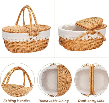Wicker Picnic Basket with Removable Liner, Empty Picnic Baskets with Lid, Vintage-Style Picnic Hamper with Folding Woven Handle for Picnic, Camping, Outdoor, Halloween, Thanks Giving, Birthday (Cream)