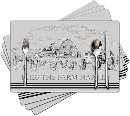 Farm Placemats Set of 4 - Farmhouse Heat Resistant Placemats for Dinner Table, Non-Slip Waterproof Oil-Proof Washable Reusable Placemat for Indoor Outdoor Kitchen Decor, 15.75In*11.81In