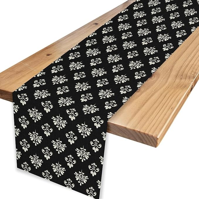 Damask Table Runner, Antique Gothic Black Floral Boho Flower Pattern Rustic Vintage Retro Coffee Table Center Decor for Kitchen and Dining Outdoor Home Country Party Table Decorations, 13"x108"