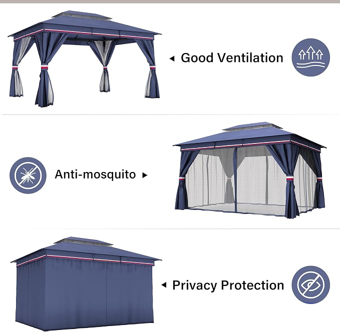 10'x12' Outdoor Gazebo, Metal Frame Heavy Duty Patio Canopy Tent Shelter - Image 2