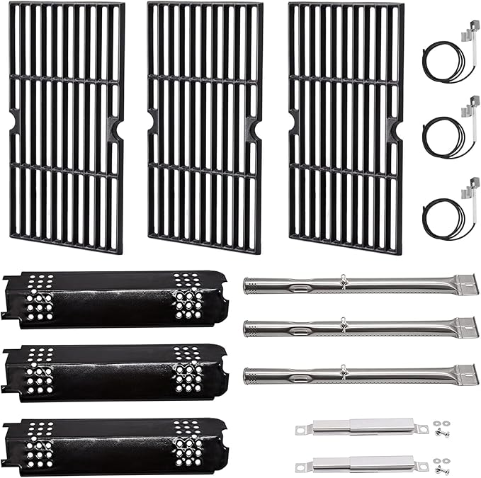 Criditpid Grill Replacement Parts for Charbroil 463340516 463370519 463370516 463278418, Cast Iron Grill Grates, Burners, Igniter, Heat Plates, Crossover Tubes Kit for Charbroil Gas2coal 463336818.
