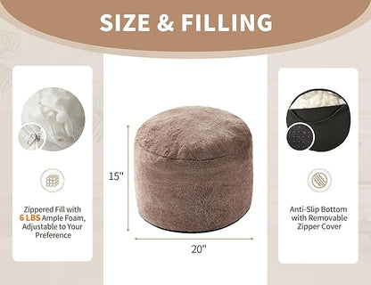 Round Pouf Ottoman for Living Room 20"x15" Bean Bag Ottoman Soft Top Comfortable Small Foot Stool Foot Rest Pouf Brown Tall Footstool Ottomans Round Hassock Boho Furniture Floor Poufs for Sitting