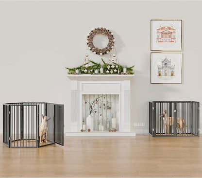 Vantas Folding No-Assembly Metal Pet Gate 120" Wide, 32" Extra Tall Dog Gate with Door Walk Through, Freestanding Accordion Puppy Gate Dog Door for Indoor & Outdoor, with 2PCS Support - Black