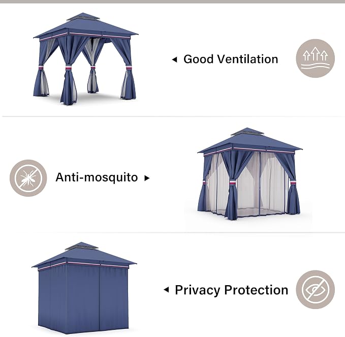 8'x8' Outdoor Gazebo, Metal Frame Heavy Duty Patio Canopy Tent Shelter - Image 8