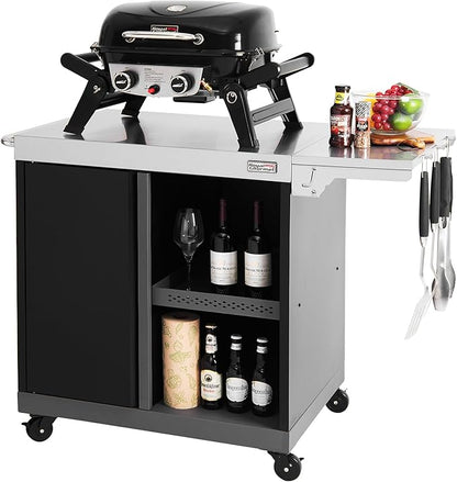 Royal Gourmet PC3201S Movable Grill Cart, 43" L x 24" W Stainless Steel Countertop, Storage Cabinet with Single-Door, Foldable Side Shelf, Tool Hooks & Inner Shelves, for Indoor & Outdoor Use, Black