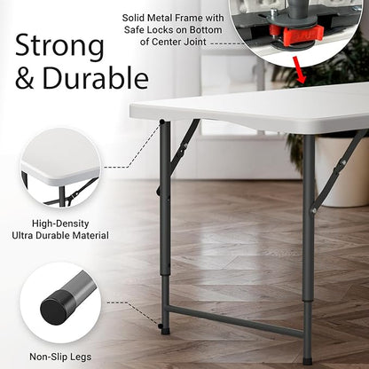4 Feet Foldable Table Adjustable Height with Built in Handle, Steel Legs | 4FT Heavy Duty Portable | Perfect for Party Dining Wedding Events Picnic Indoor Outdoor Camping Utility Folding - 4 Foot