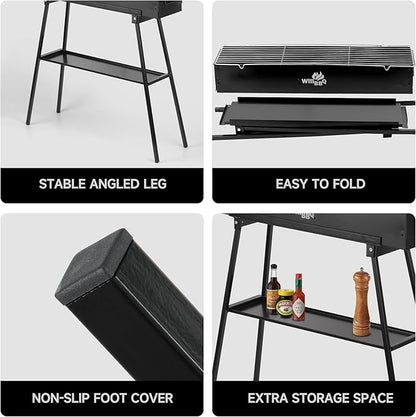 WILLBBQ Charcoal Grills Commercial Quality Portable Hibachi BBQ Folded Camping Barbecue Grill for Backyard Party Outdoor Cooking Use，Perfect Christmas Gifts for Dad (31.6x7.1x5.1 inch), BLACK