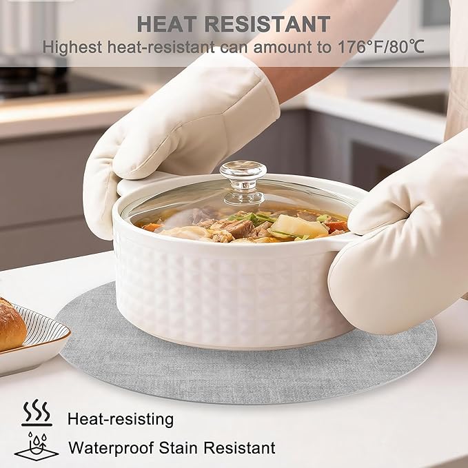 Round Faux Leather Placemats and Coasters, Set of 4, Reversible Heat Resistant Non-Slip Table Mats, Waterproof Wipeable Place Mats for Dining Table, Washable for Indoor & Outdoor (4, Light Grey)