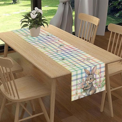 Happy Easter Table Runner,Rustic Watercolor Bunny Flowers Butterflies Eggs Seasonal Table Center Decor for Family Kitchen and Living Room Outdoor Farmhouse Party Table Decorations, 13"x36"