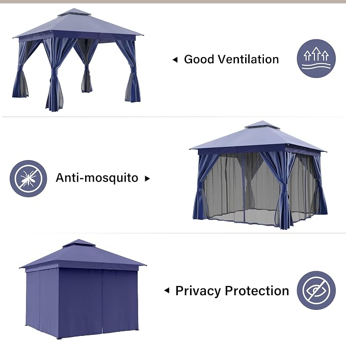 10'x10' Outdoor Gazebo with 50FT String Lights, Metal Heavy Duty Patio Canopy - Image 3