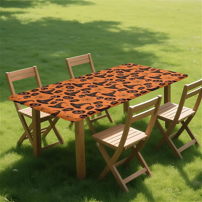 Rectangle Table Cloth Cover Waterproof Elastic Fitted Polyester Fitted Tablecloths for 8 Foot Tables for Indoor,Picnic, Camping, Outdoor （96" x 30"，Halloween Tablecloth）