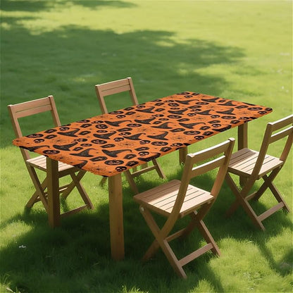 Rectangle Table Cloth Cover Waterproof Elastic Fitted Polyester Fitted Tablecloths for 4 Foot Tables for Indoor,Picnic, Camping, Outdoor （48" x 24"，Halloween Tablecloth）