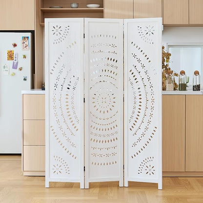 66.9Inch Folding Room Divider, 3 Panels Wood Carved Privacy Screens, Free Assembled Freestanding Partition for Home Office Restaurant Bedroom (White-Washed)