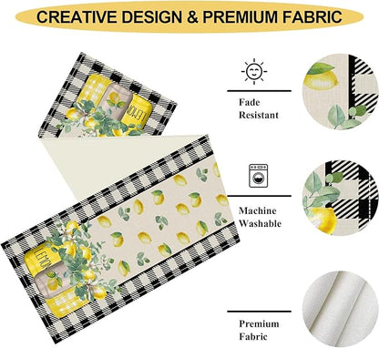 Lemon Table Runner, Farmhouse Black Buffalo Plaid Seasonal Summer Spring Fruits Lemon Coffee Table Center Decor for Home Kitchen Dining Party Patio Indoor Outdoor Table Decorations, 13"x36" Inch