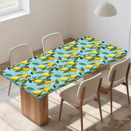 Rectangle Table Cloth Cover Waterproof Elastic Fitted Polyester Fitted Tablecloths for 8 Foot Tables for Indoor,Picnic, Camping, Outdoor （96" x 30"，Lemon）