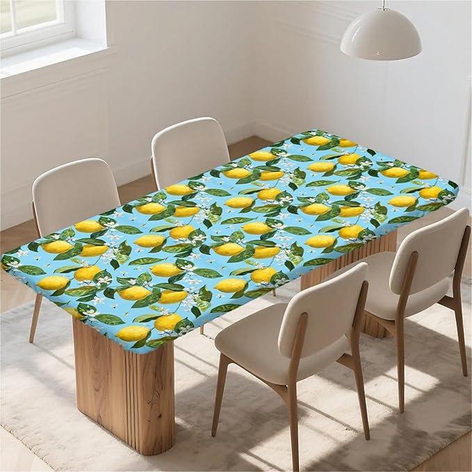 Rectangle Table Cloth Cover Waterproof Elastic Fitted Polyester Fitted Tablecloths for 6 Foot Tables for Indoor,Picnic, Camping, Outdoor （60" x 30"，Lemon）