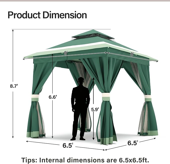 8'x8' Outdoor Gazebo, Metal Frame Heavy Duty Patio Canopy Tent Shelter - Image 2