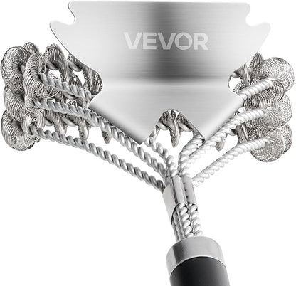 VEVOR Grill Brush and Scraper, BBQ Brush for Outdoor Grills, Stainless Steel Woven Wire, Bristle Free Barbecue Brushes for Porcelain, Charcoal, Grate Cleaner Grill Accessories, 17 in
