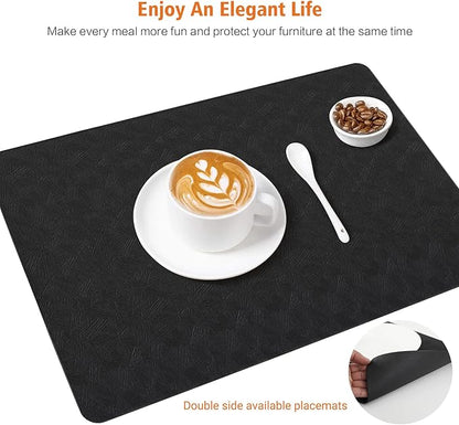 Vinyl Placemats Set of 4 Heat Resistant Easy Clean Non-Slip Place Mats for Dining Table. Faux Leather Waterproof Stain Resistant Wipeable Washable PU Table Mats(4, Black)
