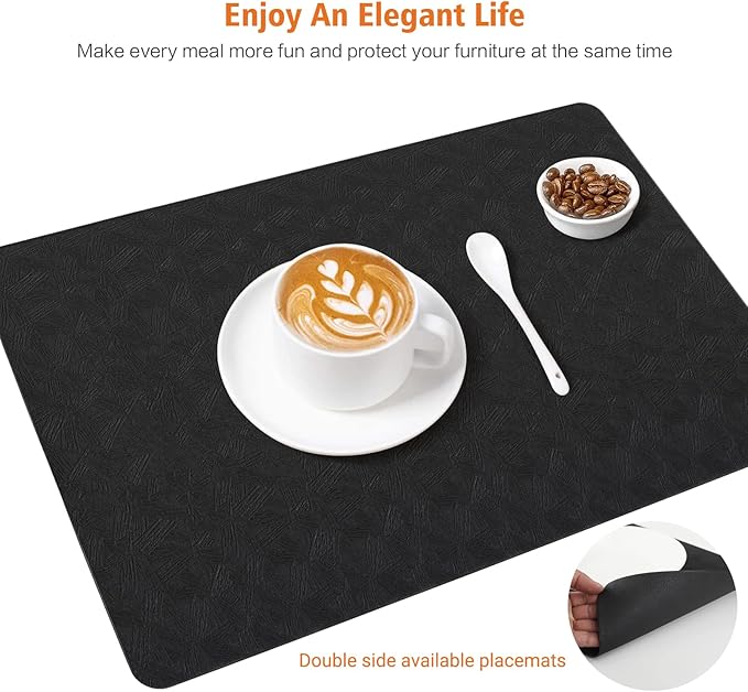 Vinyl Placemats Set of 12 Heat Resistant Easy Clean Non-Slip Place Mats for Dining Table. Faux Leather Waterproof Stain Resistant Wipeable Washable PU Table Mats(12, Black)