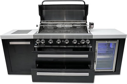 Mont Alpi MAi805-BSSFC 44-inch 6-Burner 115000 BTU Black Stainless Steel Gas Outdoor Kitchen Bar Island Grill w/Wine Cooler Beverage Center Refrigerator + Infrared Side Burner + Granite Countertop