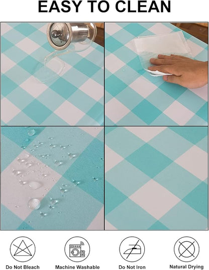 Cupuamon 2 Pack Waterproof Polyester Fabic Rectangle Checkered Tablecloth，60x102 Outdoor Table Cloth，Oil Stain Prevention Table Cloth for Pinics and Parties（Aqua and White）