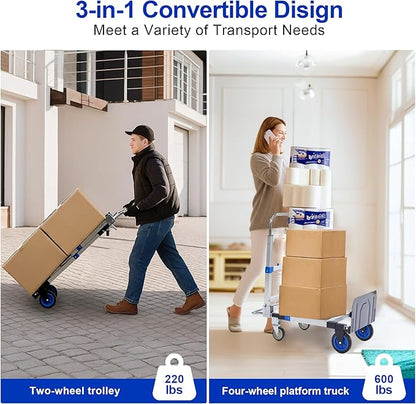 Upgraded 3 in 1 Aluminum Folding Hand Truck, 600lbs Capacity, Heavy Duty Convertible Dolly with Retractable Handle and 4 Rubber Wheels, Collapsible Cart for Moving Home, Office, Warehouse (Blue)