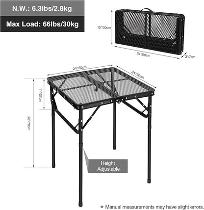 RedSwing Portable Grill Table for Outside, Aluminum Square Folding Grill Stand Table for Outdoor Camping Picnic BBQ, Lightweight Adjustable Height, 24"x24", Black