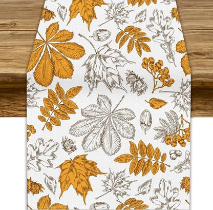 Autumn Maple Leaf Table Runner, Vintage Fall Orange Brown Nature Botanical Leaves Print Table Cover for Home Kitchen Dining Table Decor Indoor Outdoor Party, 13x70inch