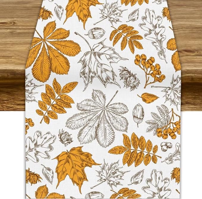 Autumn Maple Leaf Table Runner, Vintage Fall Orange Brown Nature Botanical Leaves Print Table Cover for Home Kitchen Dining Table Decor Indoor Outdoor Party, 13x36inch