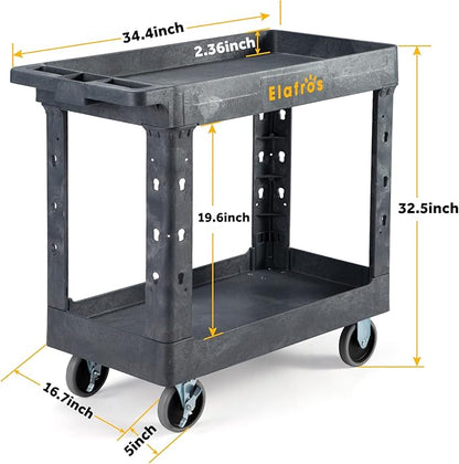 ELAFROS Heavy Duty Plastic Utility Cart 34 x 17 Inch - Work Cart Tub Storage W/Deep Shelves and 2 Fixed 2 Swivel Wheels Safely Holds up to 550 lbs - 2 Tier Service Cart for Warehouse,Garage, Gray